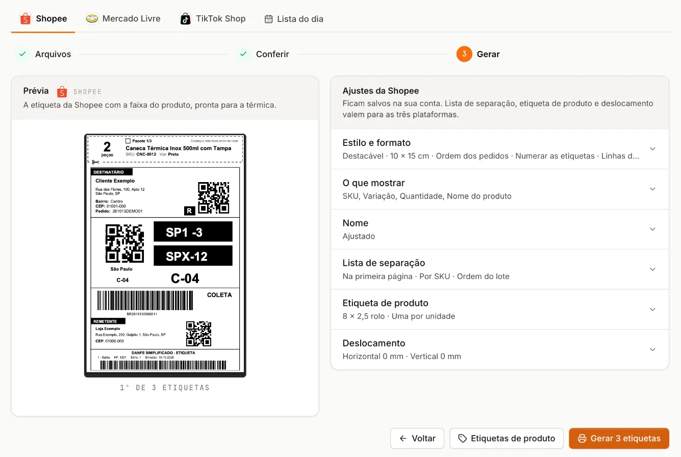 Etiqueta de envio da Shopee com a faixa do produto, SKU e quantidade escritos nela